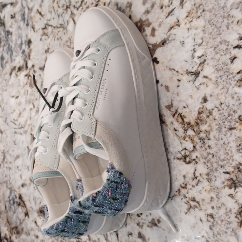 NEW Kurt Geiger NWOB London Blue Tweed Leather Sneaker Women SZ EU 38